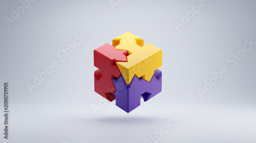 Modern conceptual illustration of a multicolored puzzle cube, representing business growth, collaboration, leadership, creative solutions, business strategy, efficiency and shared success
