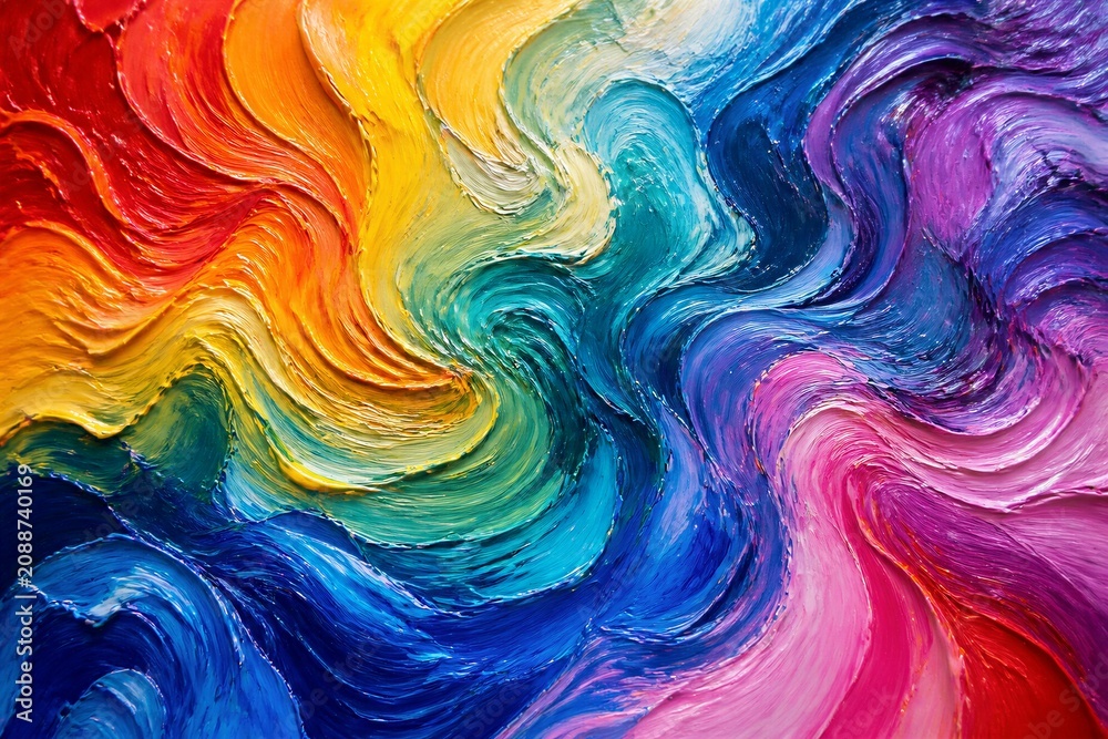 Naklejka premium Colorful paint mixes on a canvas, creating swirls and patterns. The artwork shows a range of hues from red to blue, capturing attention with its movement and energy.