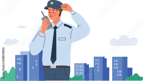Security Guard Holding Walkie-Talkie in City Illustration