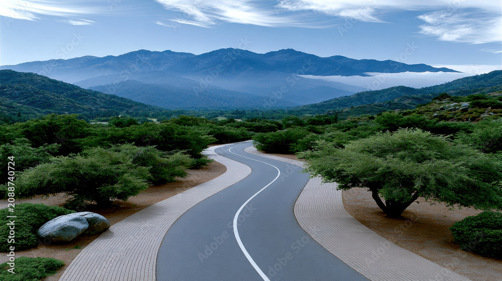 Naklejka premium Winding road valley mountain green tree blue sky scenic landscape outdoor nature peaceful travel