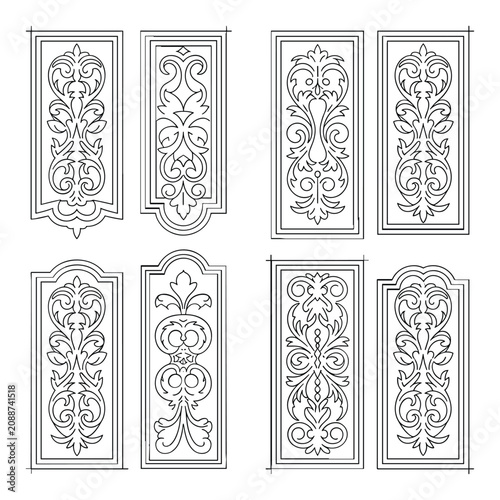 Set of seven ornate decorative frames with floral vector patterns isolated on white background, Vector