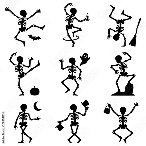 Принти на полотні Skeleton Silhouettes Collection With Halloween Props Against A White Background