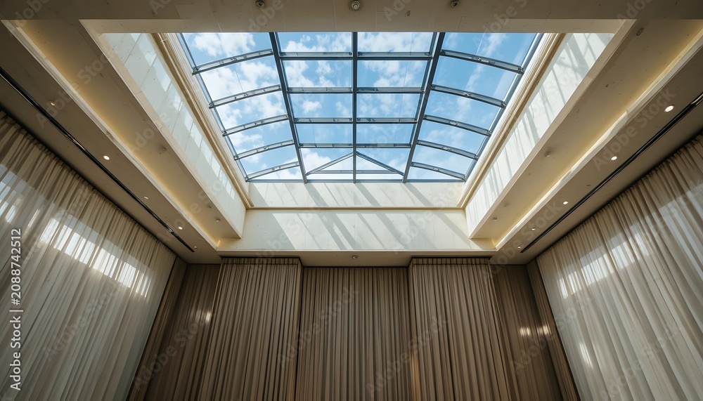 Fototapeta premium architectural glass ceiling with blue sky view and natural lighting