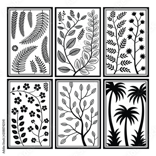 Set of six tropical leaves and plants with palm trees illustration isolated on white background, Vector