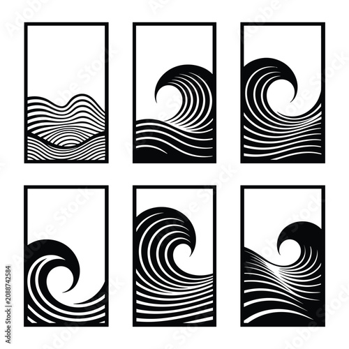 Set of six wave lines in black and white spiral designs isolated on white background, Vector