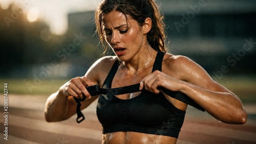 Sweaty female athlete adjusts a chest strap after an intense outdoor workout on a track at golden hour.