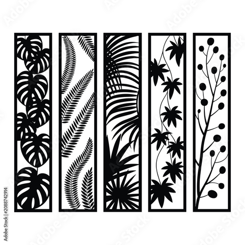 Set of four tropical leaves and fern plants in black and white vector design isolated on white background, Vector