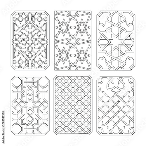 Set of six seamless geometric triangle patterns in black and white isolated on white background, Vector