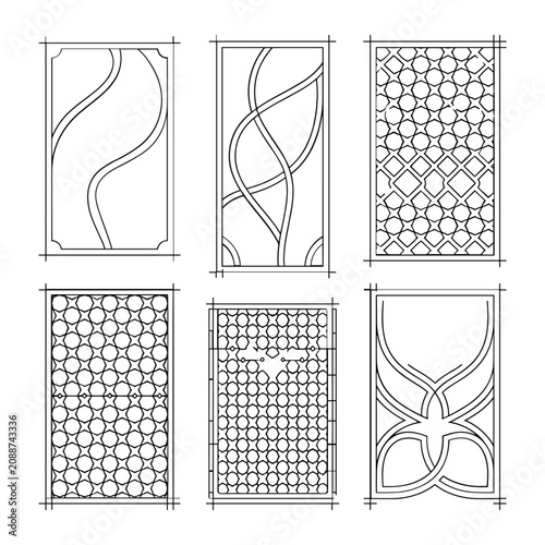 Set of six seamless geometric line patterns with abstract shapes isolated on white background, Vector