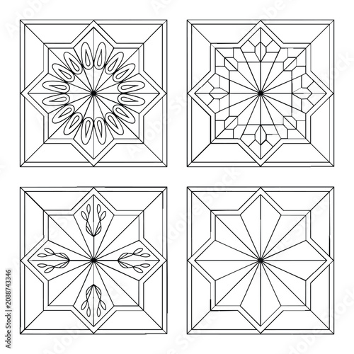 Four decorative square seamless patterns with floral and geometric designs isolated on white background, Vector