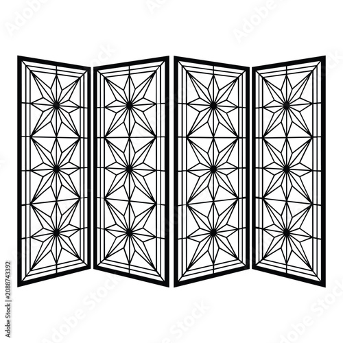 Black metal decorative room divider screen with geometric star pattern isolated on white background, Vector