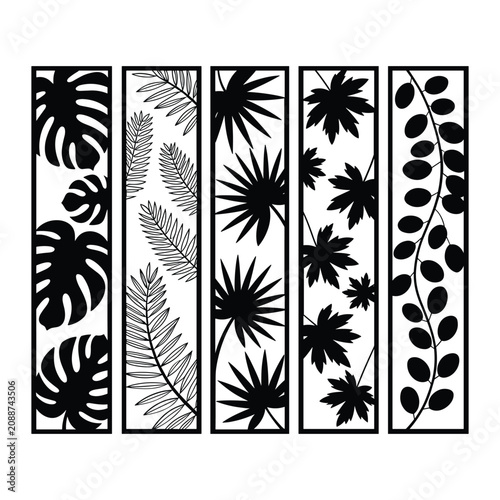 Tropical leaves and fern plants pattern in black and white vector set isolated on white background, Vector