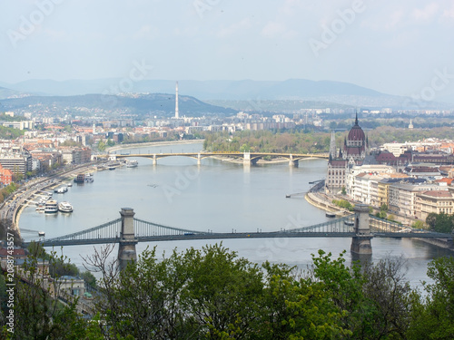 Photography Panoramic view of the Hungarian Parliament and bridges over the Danube River in