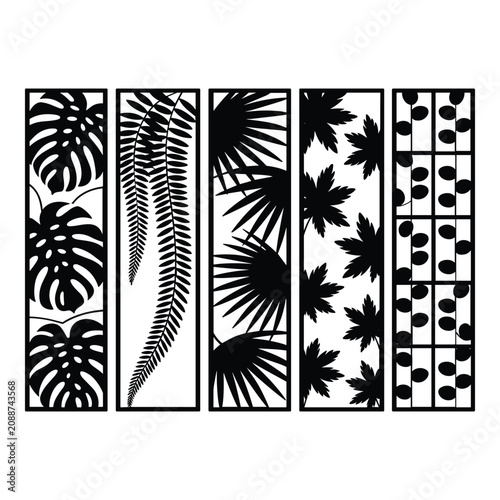 Tropical palm leaves pattern in black and white seamless repeat isolated on white background, Vector
