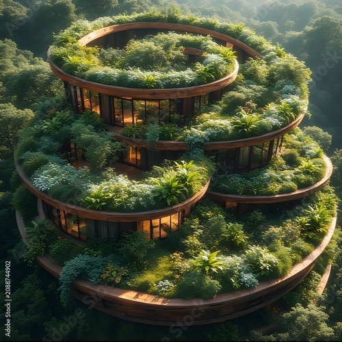 Beautiful architecture. A spiral-shaped house covered with plants.