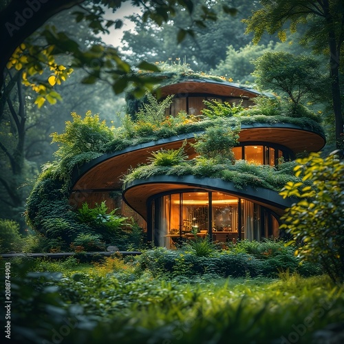 Beautiful architecture. A spiral-shaped house covered with plants.
