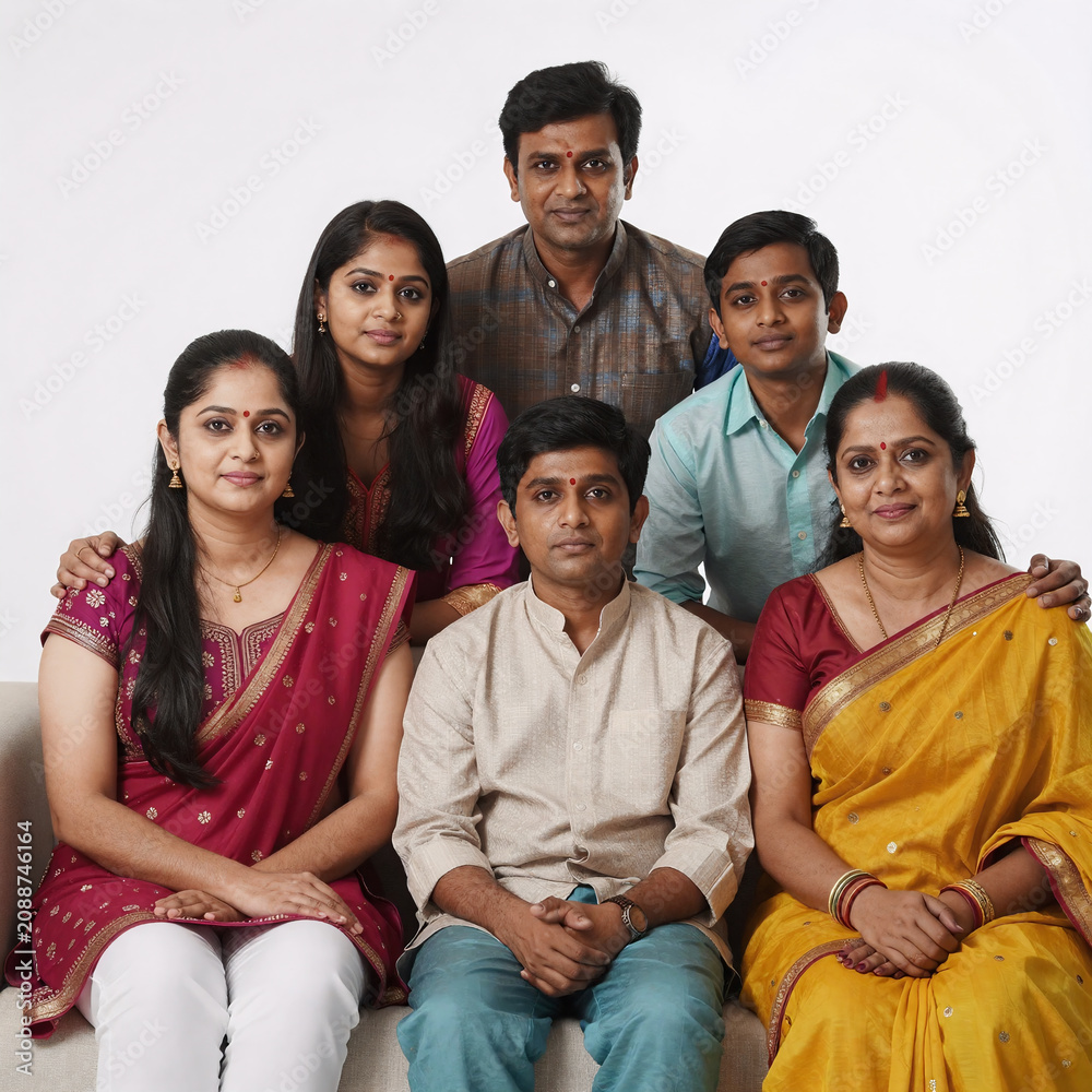 Fototapeta premium Cinematic Indian Year. A Photorealistic Portrait Featuring An Indian Asian Family Sitting On A Sofa/Couch Against A White Background