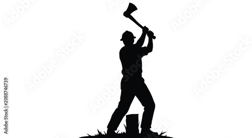 Lumberjack Swinging Axe Against White Background Silhouette