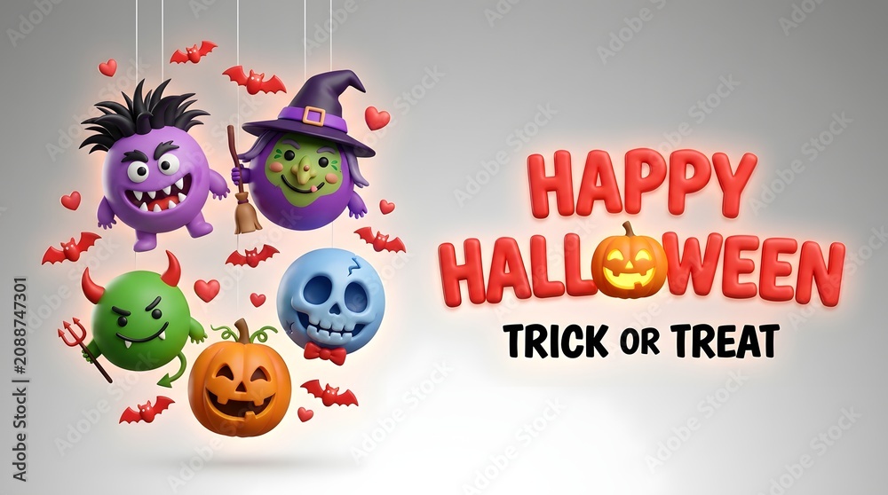 Fototapeta premium 3d rendered halloween characters including a purple monster, green witch, green devil, blue skull, and pumpkin on a light gray background