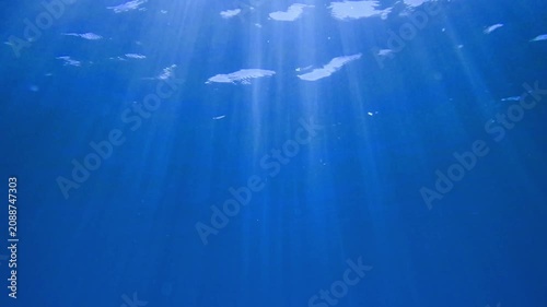 Deep blue ocean waves from underwater background, light rays shining through. Underwater Sun Rays in Ocean. Sunlight rays shining through ocean surface. View from underwater. seamless loop animation.