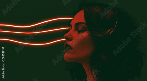 Woman listening to music in neon