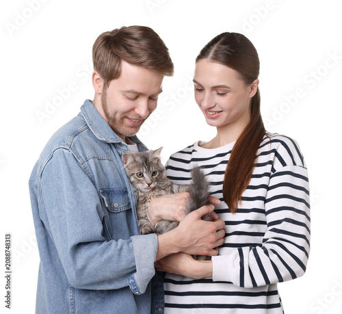 Foto Couple with their cute cat on white background