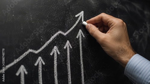 Businessman drawing rising arrow graph with white chalk on blackboard.