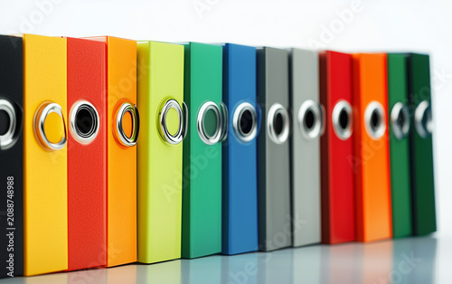 Colorful binders organized in a row on a clean surface