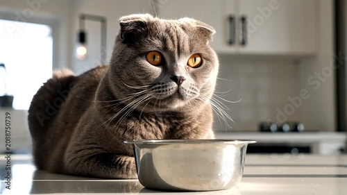 Cute domestic Scottish Fold cat sitting on a kitchen counter near a silver bowl