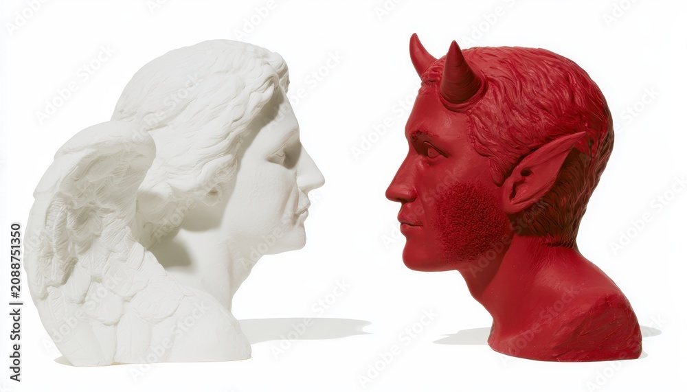Obraz premium A symbolic sculpture of an angel and devil facing each other