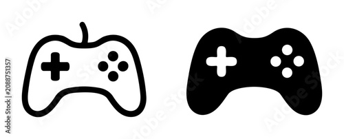 Set of black and white video game controller icons with one resembling an apple shape on transparent background