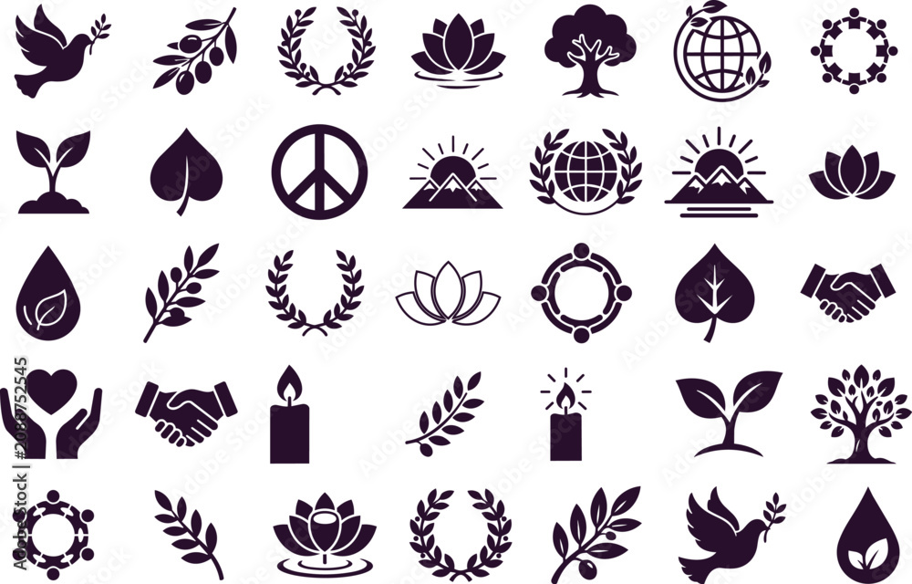 Fototapeta premium Collection of eco friendly and peace related icons in purple color.