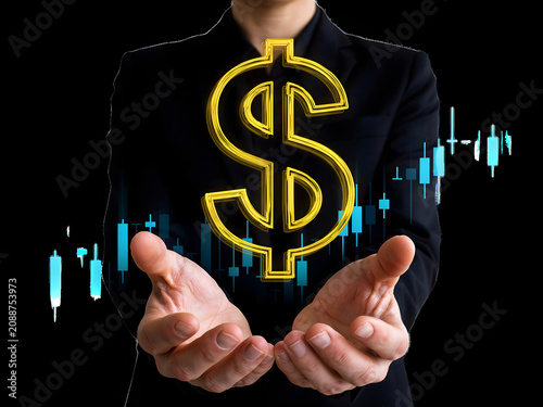 Businessman presenting dollar sign with stock market graph, finance concept
