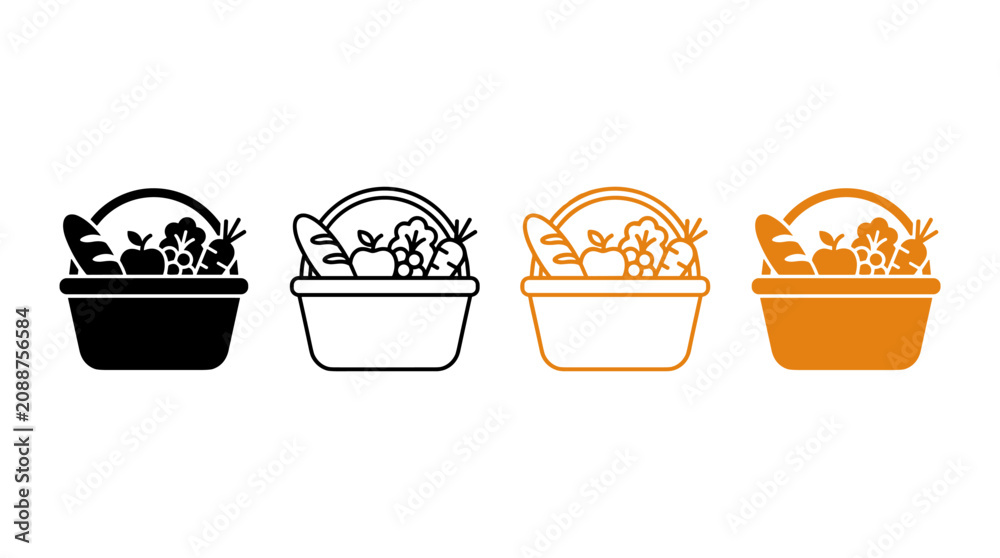 Fototapeta premium Collection of grocery basket icons with food items in various styles
