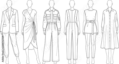 Fashion technical sketch vector template set of women casual clothes and modern apparel outfits