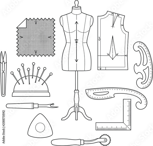 Foto Outline vector set of tailoring tools, dressmaking mannequin, and sewing accesso