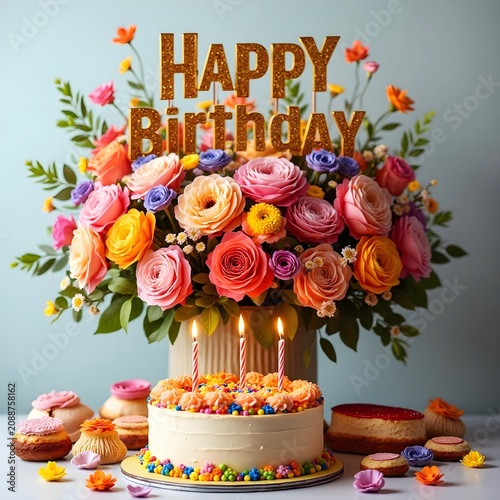 Flowers bouquet and a prominent Happy Birthday Message in bold golden shiny letters, placed at the top side of the arrangement.