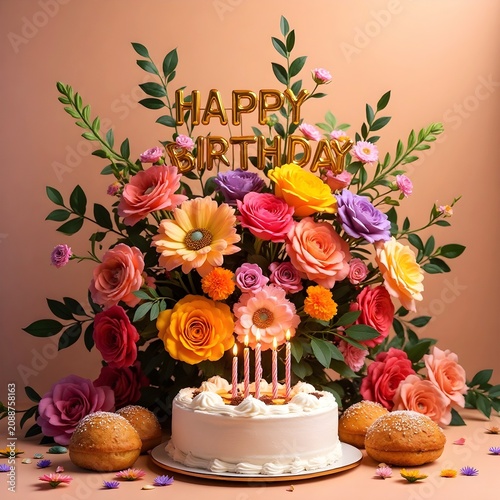 Flowers bouquet and a prominent Happy Birthday Message in bold golden shiny letters, placed at the top side of the arrangement.