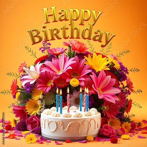 Flowers bouquet and a prominent Happy Birthday Message in bold golden shiny letters, placed at the top side of the arrangement.