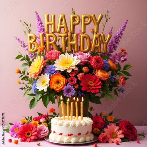 Flowers bouquet and a prominent Happy Birthday Message in bold golden shiny letters, placed at the top side of the arrangement.