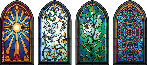 Obraz na plátne Christian Stained Glass Window Vector Set Featuring Arch Designs with Holy Spiri