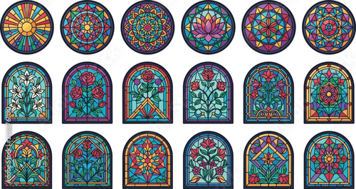 фотографія Stained glass window vector panel set with colorful floral designs including ros