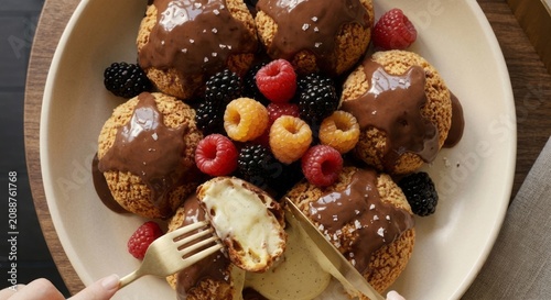 op view of profiteroles with chocolate glaze served with fresh berries on plate. Hands holding fork and knife, cozy cafe table setting, natural light, dessert concept.