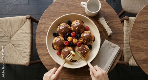 Top view of profiteroles with chocolate glaze served with fresh berries on plate. Hands holding fork and knife, cozy cafe table setting, natural light, dessert concept.