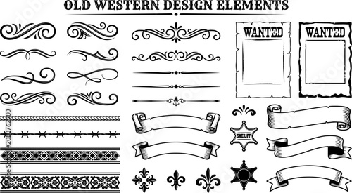 Old Western Design Elements Icon Set Embellishment Borders Divider Lines Scroll Ornate Flourish Wanted Poster Frame Banner Ribbon Rope Border Sheriff Star Barbed Wire Vector