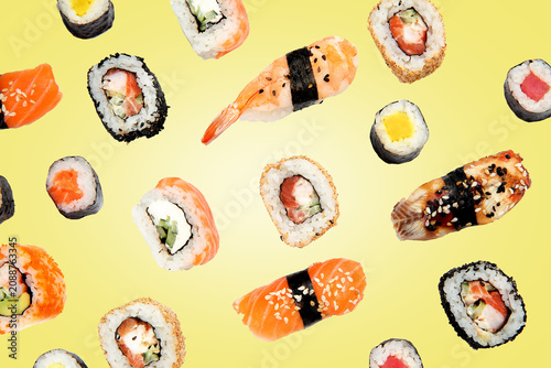 Variety of sushi pieces on ...