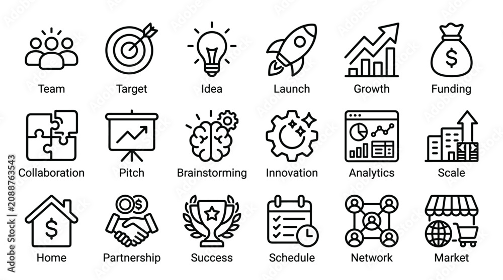 Fototapeta premium Business development icon set. linear pictograms for team, target, idea, launch, growth, funding, collaboration, pitch, and brainstorming.