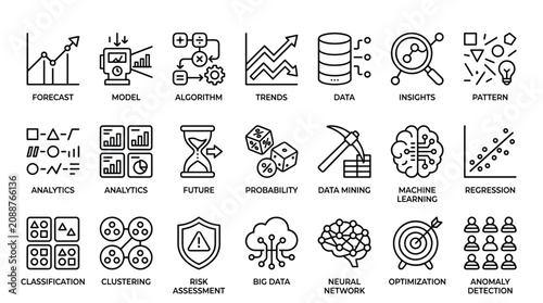 Data science and analytics line icons set including machine learning algorithms predictive trends big data mining artificial intelligence and statistics visual.