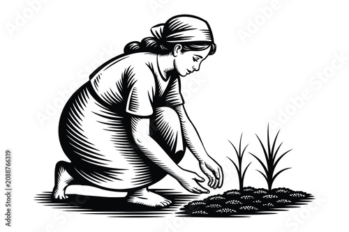 Foto Illustration of a peasant woman planting crops in the field with planting, crouc