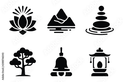 Photography Collection of zen and spiritual icons featuring lotus flower mountain and stupa